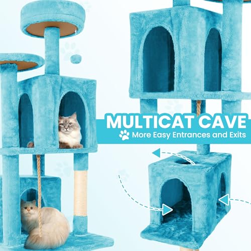 Image of 57inch Large Cat Tree Tower Condo for Indoor Cats, Soft Plush Multi-Level Climbing Tree Cat House with Cat Cave, Scratching Post, More Entrance /Exit, Sisal Rope, Light Blue