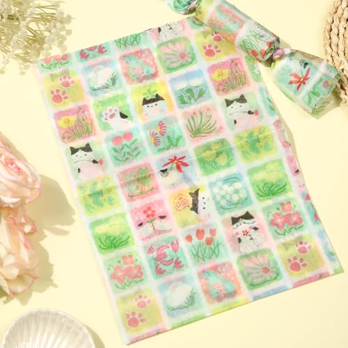 Tinoaly 30 Blatt Seidenpapier, 50x35cm Süß Geschenkpapier Seidenpapier verpackungsmaterial für Geburtstag Babyparty Haustierparty Bastelbedarf (Grüne Katze)