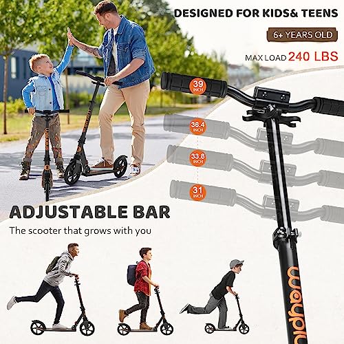 Kick Scooter for Ages 6+,Kid, Teens & Adults. Max Load 240 LBS. Foldable, Lightweight, 8IN Big Wheels for Kids, Teen and Adults, 4 Adjustable Levels. Bearing ABEC9