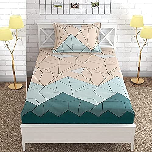 KAWI Elastic Fitted BEDSHEET for Single Bed 6X4 FEET Bed Size (L-72XW-48XH-6 INCH Bed) Super Soft Glace Cotton Fabric with 1 Pillow Cover- 250 TC, Pastel Green Geometrical Print