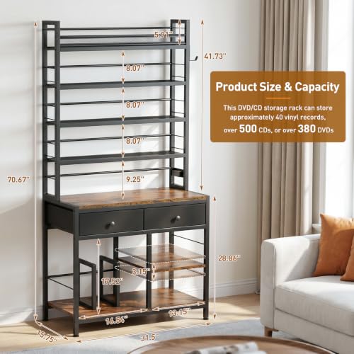 ikkle-Tall-CD-Rack-with-Power-Outlet-Drawers-8-Tier-DVD-Storage-Shelf-Media-Storage-Cabinet-for-CDsDVDs-Vinyl-Records-Books-Games-Ideal-for-Living-Room-Home-Office-315x157x706-in-Brown