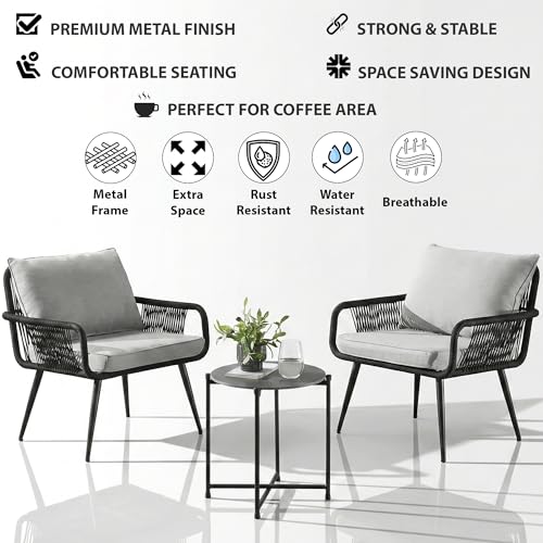 Image of BRISHI Garden Patio Seating Chair and Table Set Outdoor Balcony Garden Coffee Table Set Furniture with 1 Table and 2 Chairs Set with Cushion Braid & Rope (Black)