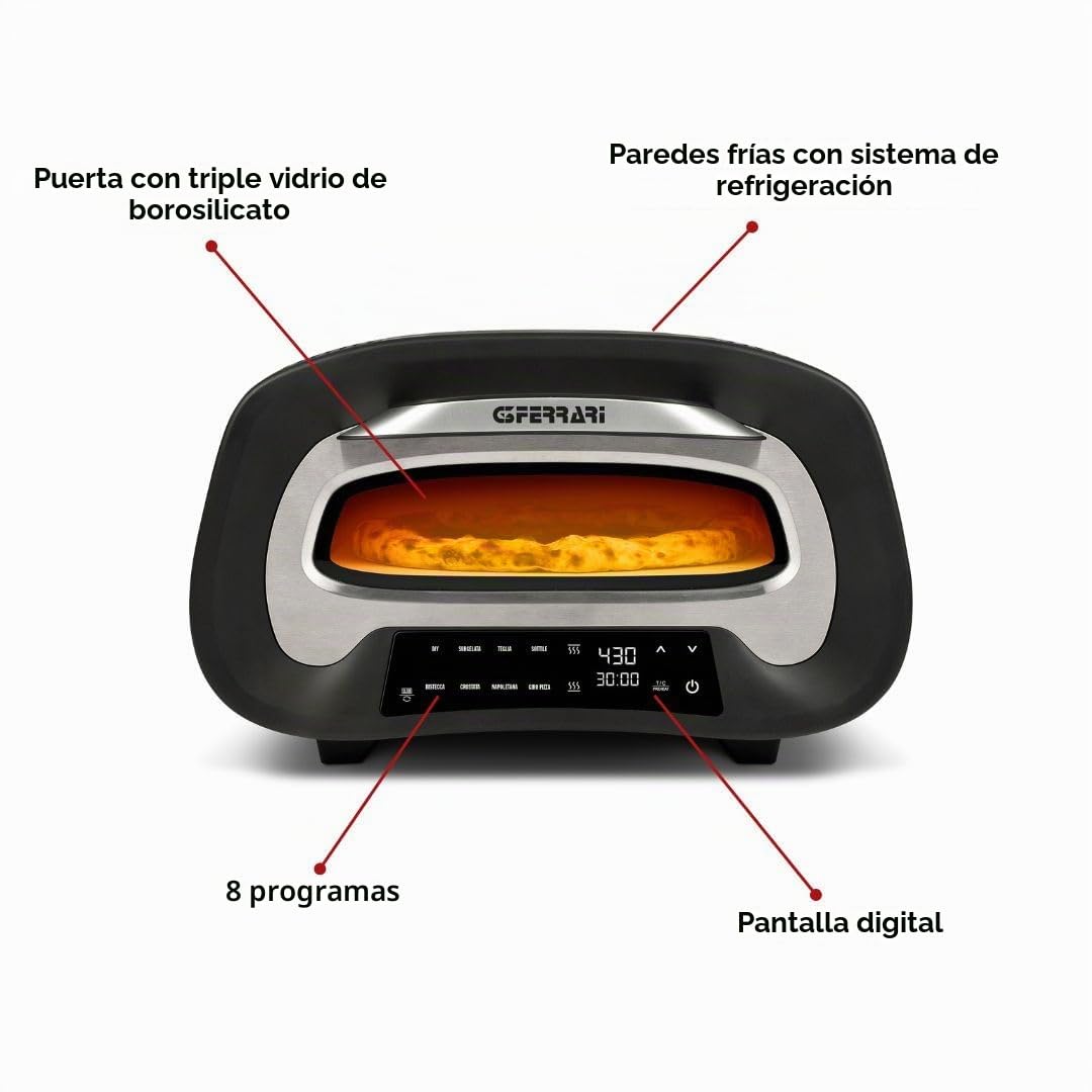 G3 Ferrari G10186 "Pronto Pizza 2 Minutos", 1700 W, Alcanza hasta 430°C, Paredes frías, Cocción en 2 minutos, Pantalla digital, 8 programas, Piedra refractaria, Accesorios y Recetario incluidos, Negro