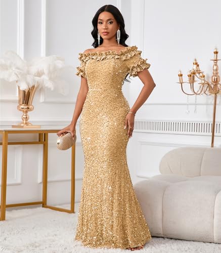 Image of dasmzper Women Sexy Sequin Off Shoulder Ruffle Short Sleeve Bodycon Mermaid Party Formal Evening Maxi Dress