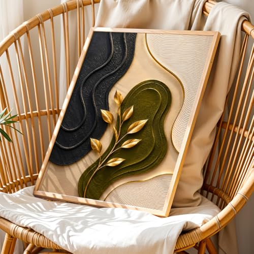 Image of NoWorries 3D Abstract Botanical Wall Painting with Frame Set of 1 | Premium Textured Gold Leaf Artwork, Modern Black Green Beige Nature Wall Decor for Living Room, Bedroom, Office and Home Decoration (3d Art-9,17x25inch)