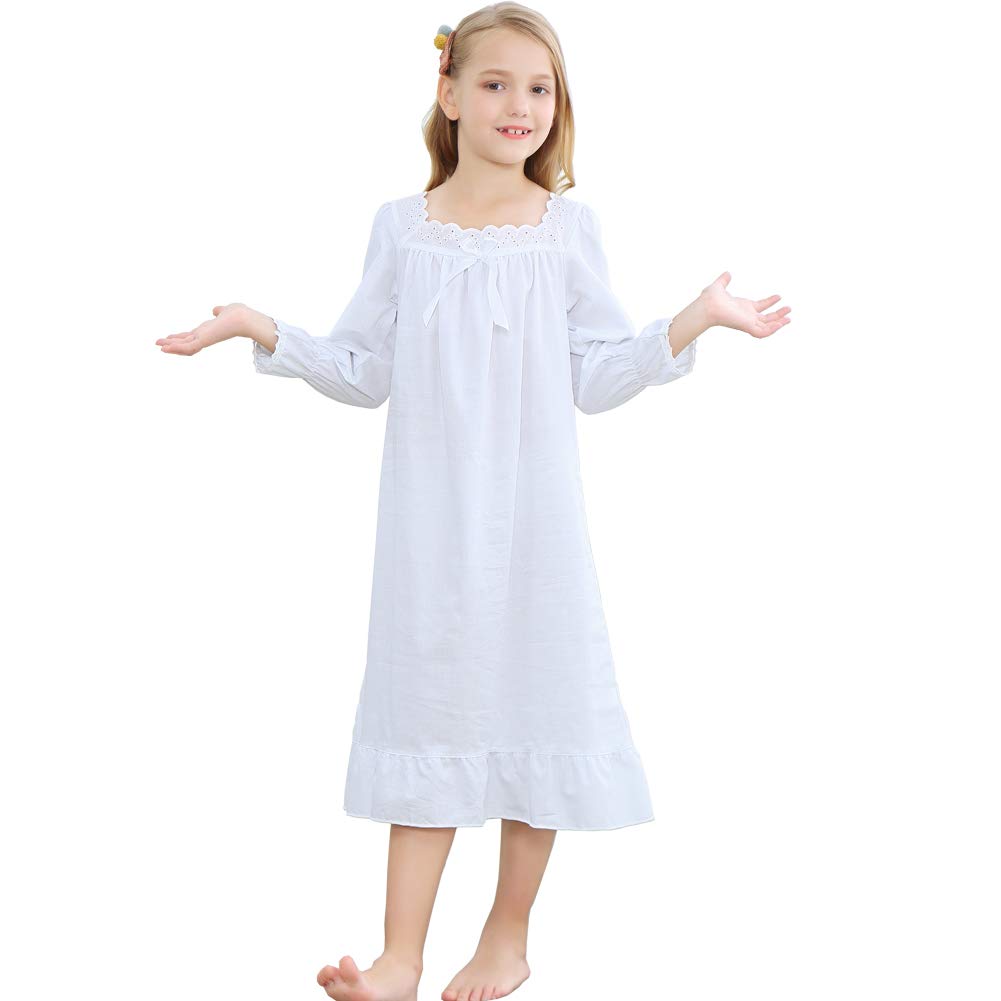 FlwydranGirls Nightgown Long Vintage Toddler Sleep Dress 100% Princess Woven Cotton Nightwear for Girl 3-12 Year