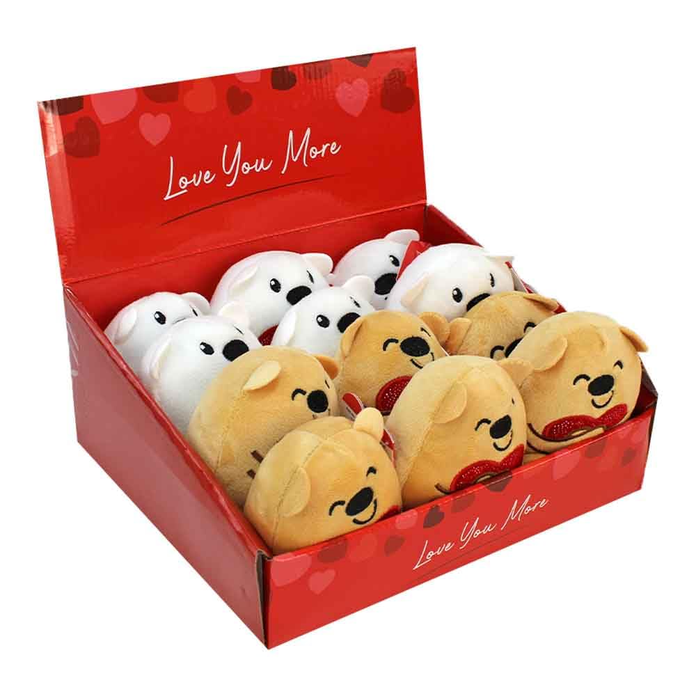BEMIRO Kuscheltier Bär mit Herz, Mini Display, 12 Stück, Weiß und Braun, ca. 10 cm, Polyester, mit Glitzerherz