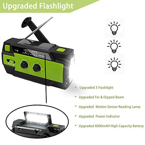 【Upgraded】 Emergency Weather Radio, Hand Crank, 4000Mah, Portable, Solar Charging, With Am/Fm/Noaa, 3 Led Flashlights, Motion Sensor, Reading Lamp, Sos Alarm, Rechargeable (Green) #TOP3
