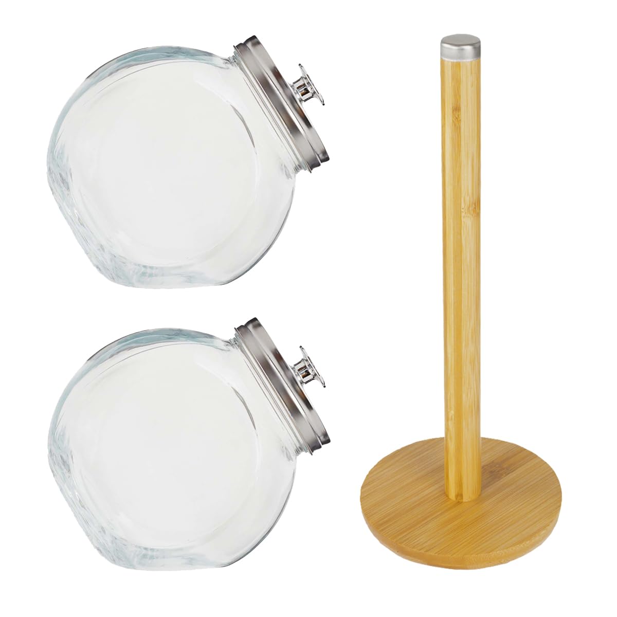Bamboo Kitchen Organization Bundle (3 Piece Set) Includes Paper Towel Holder, Plus 2 Round (X-Large) Glass Candy Storage Jar with Stainless Steel Top | by Home Basics