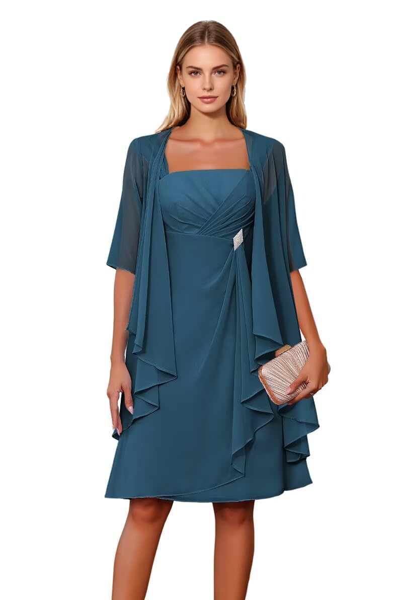 Lot de 2 robes de mère de la mariée en mousseline de soie avec veste à volants et col carré, manches mi-longues, robe de soirée formelle