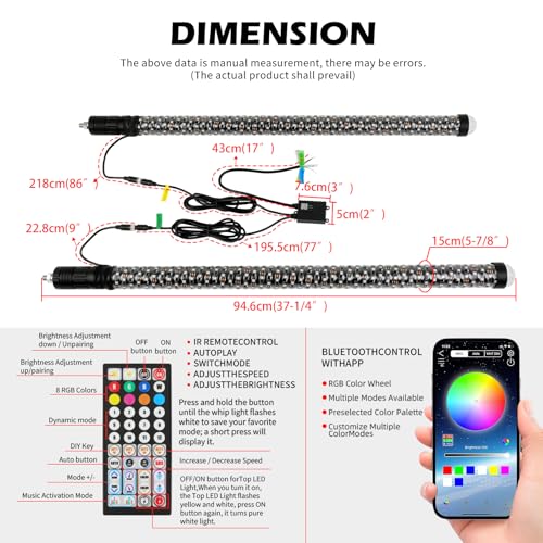 DEERMOTO 2PCS 3FT Fat Whip Light with Warning Light Spiral RGB LED Whip Lights with APP&Remote Control,Chasing Lighted Antenna Whips for UTV ATV Can-Am X3 RZR Can-Am Polaris Buggy Jeep Offroad (3ft)