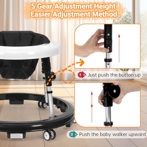 music and lights baby walker foldable with 9 adjustable heights baby walker with wheels portable infant toddler walker for baby boy girls 6-18 months