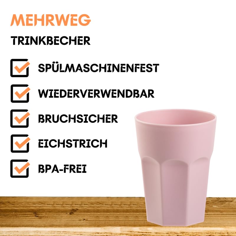 10 x Plastikbecher, Trinkbecher, Rosa, Pastellfarben, 400 ml, Eichstrich, bruchfest, stapelbar, Mehrweg, Kunststoff, wiederverwendbar, Party-Becher, Trink-Glas