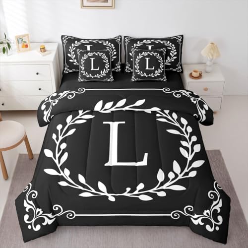 Initial Letter L Queen Comforter Set With Sheets Black And