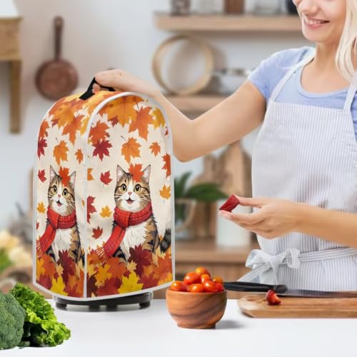 Image of Leaves Cat Blender Dust Cover Appliance Covers for kitchen Stand Mixer or Coffee Maker Polyester Dust Proof Blender Cover with Top Handle Thankgiving Fall Decor Covers
