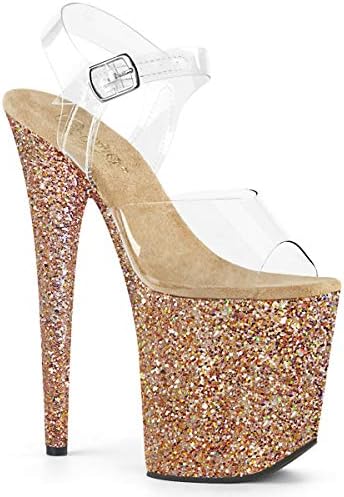 FLAMINGO-808LG - 8" Heel Ankle Strap Sandal with 4" Holographic Glittered Platform Rose Gold Chrome 8