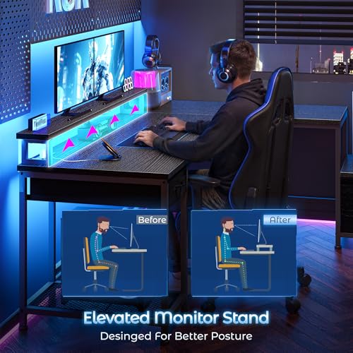 Image of DurayLoly 63 inch Reversible L Shaped Desk with Power Outlets &Led,Bedroom | Large Computer Desk with Monitor Stand,2 Fabric Drawer and Storage Shelves,Corner Desk,Gaming, Work, Home Office