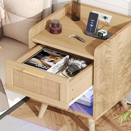 Set of 2 Boho Nightstands with Charging Station and LED Lights for Bedroom or Dorm