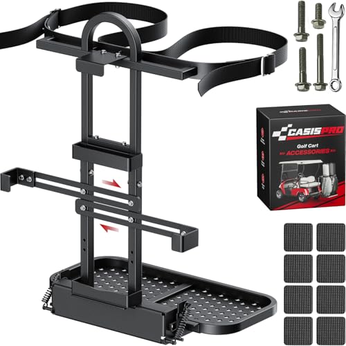 CASISPRO Upgraded Foldable Golf Cart Rear Seat Bag Holder for EZGO Club Car Yamaha Universal Golf Bag Holder Rack Fits up to 25.6 Wide Grab Bar No Drilling & Space Saving with Metal Buckle