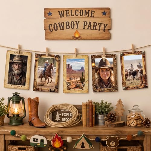 Image of AmazingSpark 50 Pack Western Cowboy Paper Photo Frames, Wanted Party Picture Frames, Wild West Photo Booth Table Decor, 5 Designs for Cowboy Rodeo Western Theme Party Decorations