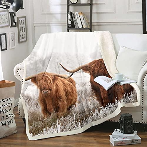 Image of Highland Cattle Pattern Throw Blanket Highland Cow Blanket for Kids Boys Girls Farmhouse Cow Landscape Blanket for Chair Office Room,Baby (30 x 40 Inches)