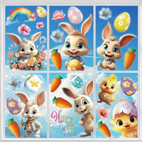 LOKIPA Easter Window Stickers, 3D Easter Window Decals Easter Window Clings Double Sided for Easter Window Decorations(8 Sheets)