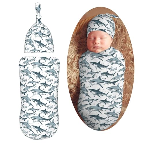 Image of Hand Drawn Sharks Newborn Swaddle Blankets Hat Sets Soft Baby Receiving Blanket Swaddle Sack for Baby Shower Infant Boy Girl Gift