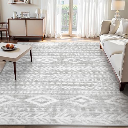 Lahome Boho 8x10 Rugs for Living Room, Ultra-Thin Soft Bedroom Rug Grey Moroccan Tribal Print Playroom Rug Washable, Large Farmhouse Indoor Floor Carpet for Office Nursery Dining Room Grey/W