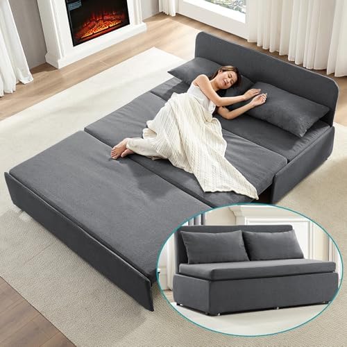 BALUS 64" W Queen Size Pull Out Sleeper Sofa Bed Couch with Pullout Bed, 2 in 1 Convertible Linen Loveseat Sofa Sleepers with Pillows and Tri-fold Mattress for Small Space Loft Home Office, Dark Grey - Thumbnail 3