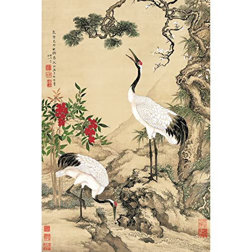 Rompecabezas de Madera para Adultos 1000 piezas Shen Quan Pino Ciruelo y Dos Grullas - Pintura China de Flores y Pájaros miniatura 1