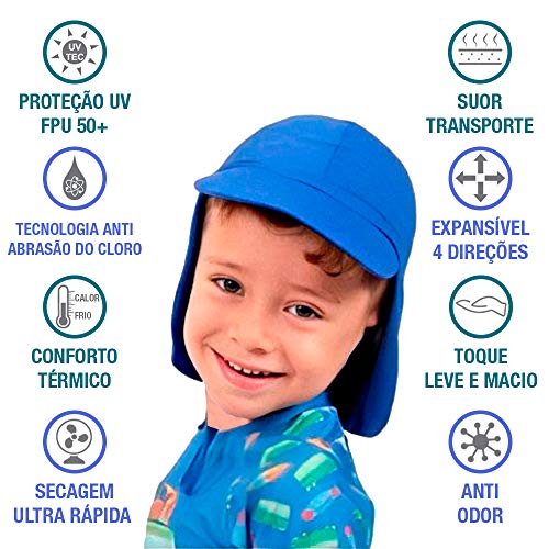 Boné infantil bebê criança proteção solar UV 50+ Passeio Sol Aloe Vera (M (2A - 6A), Azul)
