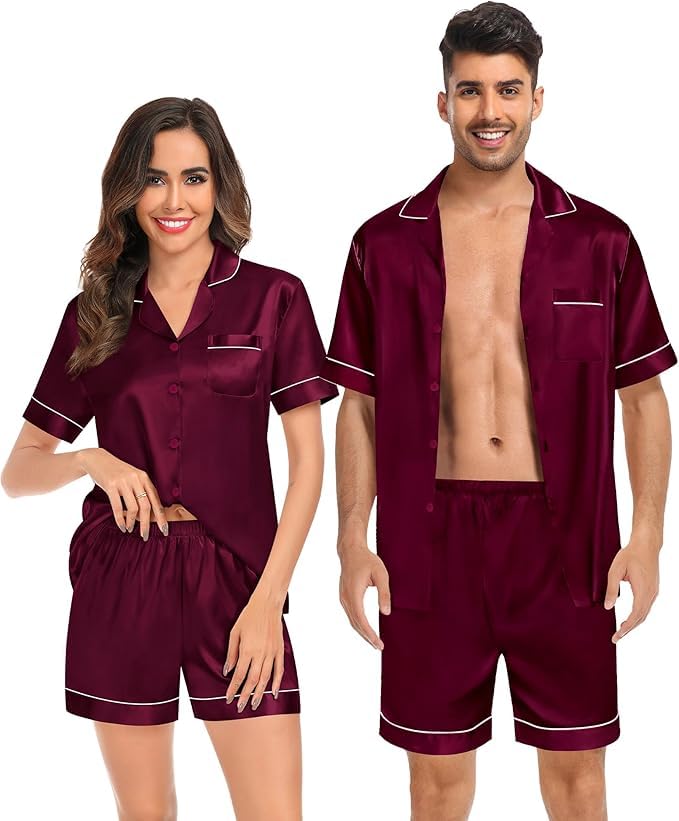 SWOMOG Couple Matching Pajamas Satin Pj Women'S Loungewear Mens Sleepwear Button Up Sleep Shorts Summer Lounge Sets Dark Wine Red