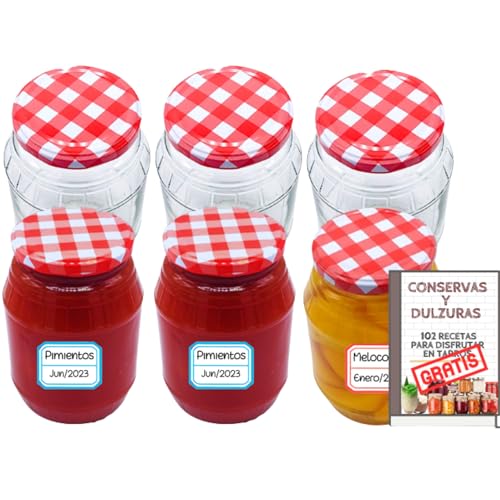MundoTarros - 6 Tarros de Cristal de 1000ml con Tapas + E-book con 102 Recetas para Conservas - Botes de 1 Litro con Tapa de Rosca - Cierre Hermético para Alimentos Caseros - Incluye Etiquetas
