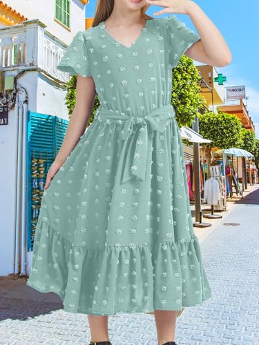 Girls Bohemian Dresses Casual V Neck Ruffle Cap Short Sleeve Swiss Dot A-Line Belt Pleated Hem Maxi Long Sun Flowy Dress3