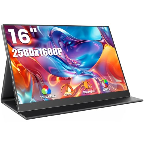 Image of ZUCWO 16 inch 2.5k Portable Computer Monitor,Gaming Monitor,Portable Monitors for Laptop PC Mac Phone PS5,120Hz 100% sRGB LTPS Display HDR Screen Extender with Smart Cover, USB C & HDMI,Travel Work Home