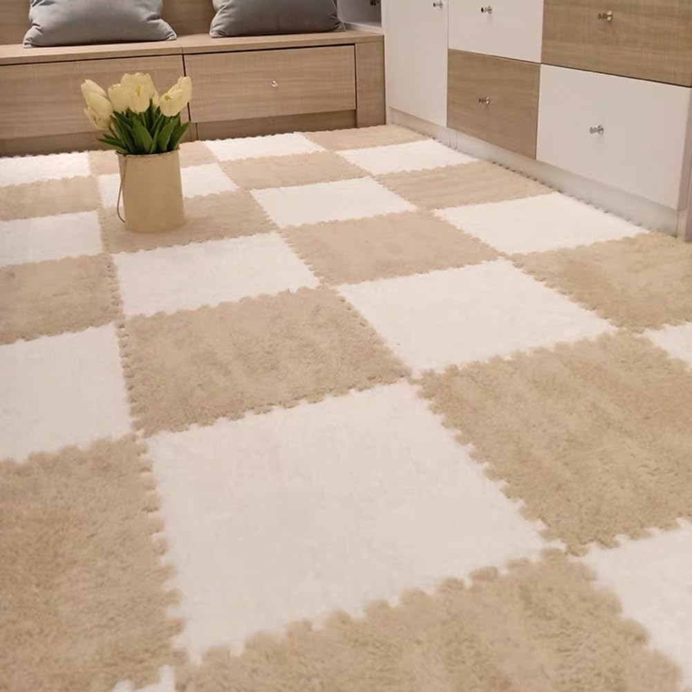 10 Tiles Interlocking Puzzle Play Mat 30x30x1cm EVA Foam Floor Mats,Fluffy Area Rug for Living Room Bedroom,Non-Slip Protective Floor Carpet (White Khaki)