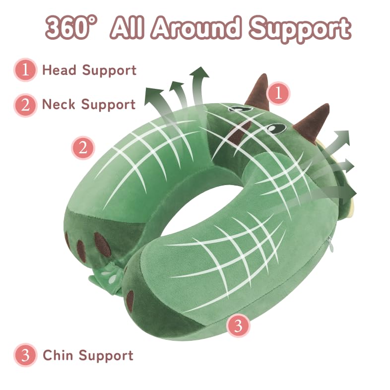 Image of Memory Foam Travel Neck Pillow for Teens and Adults, Dinosaur Design