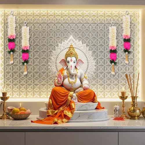Image of Akaar Decor Lotus Hanging Gajra Set of 8 (10 Inch) | Off-White Floral Wall Hangings | Diwali Backdrop, Temple & Pooja Room Decor