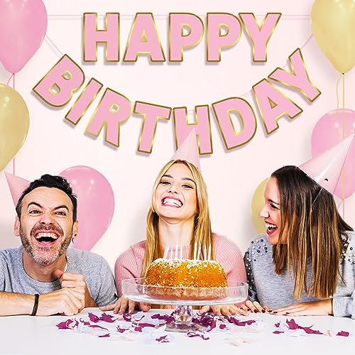 Image of Happy Birthday Banner - 9ft Pre-Strung Happy Birthday Sign for Women, Men, Girls, Boys - No DIY Birthday Decorations & Party Supplies(Pink Gold)