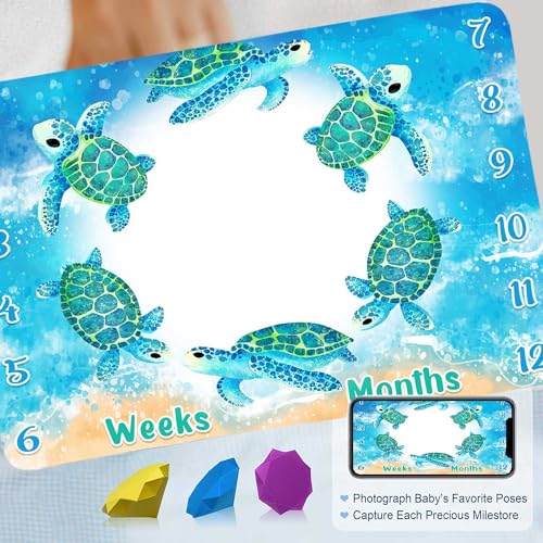 Image of Turtle Milestone Blanket Blue Sea Life Baby Blanket Beach Newborn Gift with Week Months Swaddling Bag 60x40in BTYHFH046