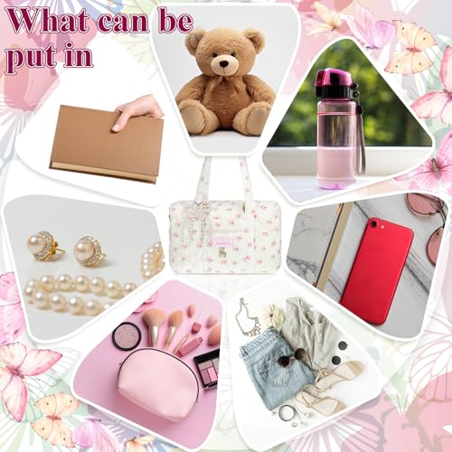 Coquette Bag White Pink Floral Bag Cute Quilted Duffle handbag for Women Shoulder Purse with 2 Pcs Bow Pearl Keychain for Christmas Gifts Business Travel Family Trip3