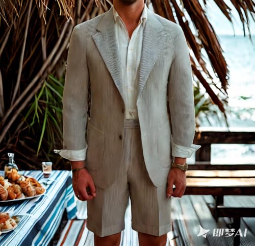Men's Seersucker Suits 2 Piece Lightweight Striped Blazer Shorts Beach Wedding Prom Casual Summer Dress Suits2