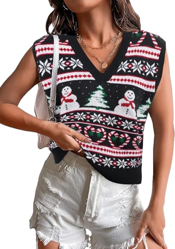 Image of JULYCLO Christmas Sweater Vest Women Ugly Xmas Reindeer Knit Sweaters Casual Santa Snowflake V Neck Sleeveless Outwear Tops