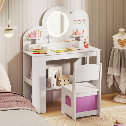 Image of HONEY JOY Kids Vanity with Lights and Open Bookshelf, Cloud Princess Makeup Dressing Desk, Drawers, Wooden Pretend Play Toddler Vanity Table & Chair Set with Lighted Mirror for Little Girls (White)