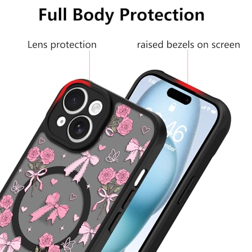 Image of KANGHAR Case for iPhone 15 Plus Bows Bouquet Pattern | [Compatible with Magsafe] Cute Flowers Florals Protective Magnetic Case for Girls Women Men