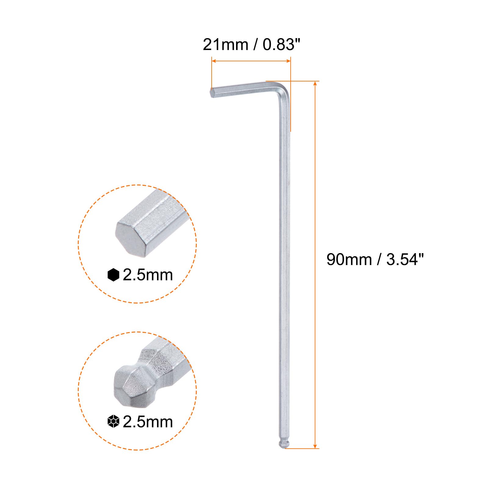 QUARKZMAN 4pz Chiave Esagonale Brugola Testa Sferica 2,5mm Metriche Braccio Lungo Forma L Strumento Riparazione Acciaio al Cromo Vanadio per Riparazioni Domestiche, Tono Argento