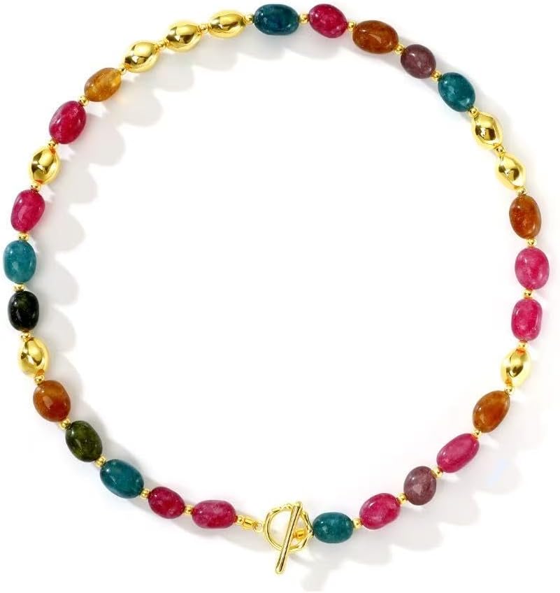 Beaded Necklace for Women, Colorful Gemstone Choker, 14K Gold Plated Stackable Handmade Necklace Oval Stone Jewelry Gift