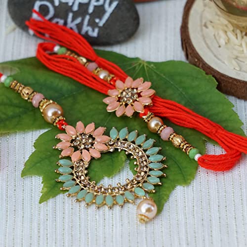 Elegant Bhaiya Bhabhi Rakhi Gift Set with Personalized Card, Roli Chawal, Thali Set, and Chocolates | Fancy Lumba Rakhi Gift Hamper (Green And Pink Fancy Lumba Rakhi)2