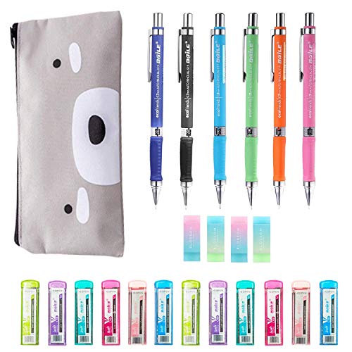 Mechanical Pencils 0.7mm 6pcs with 12 Tubes of Pencil Refills 0.7mm and 4pcs Erasers 1pc Stationery Bag