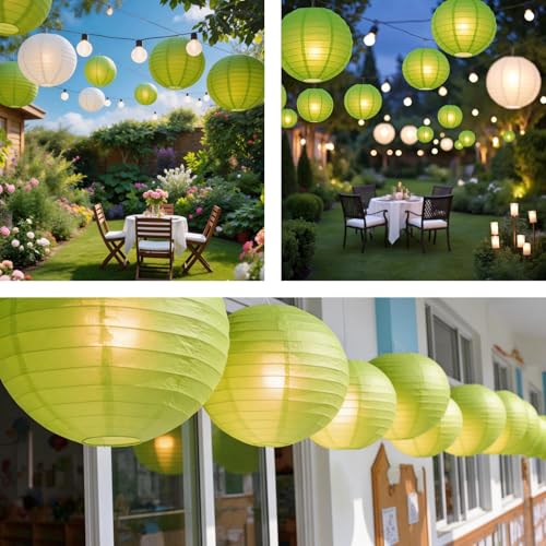 Image of Green Chinese Paper Lanterns with LED Lights, 10-Pack 10inch | Hanging Lights for St. Patrick's Day, Garden Party, Birthday Decorations, Ceiling Decor, Home Party & Baby Shower